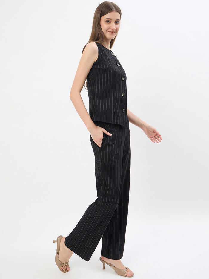 Madame Black Rayon Blend Striped Formal Co-ord Set