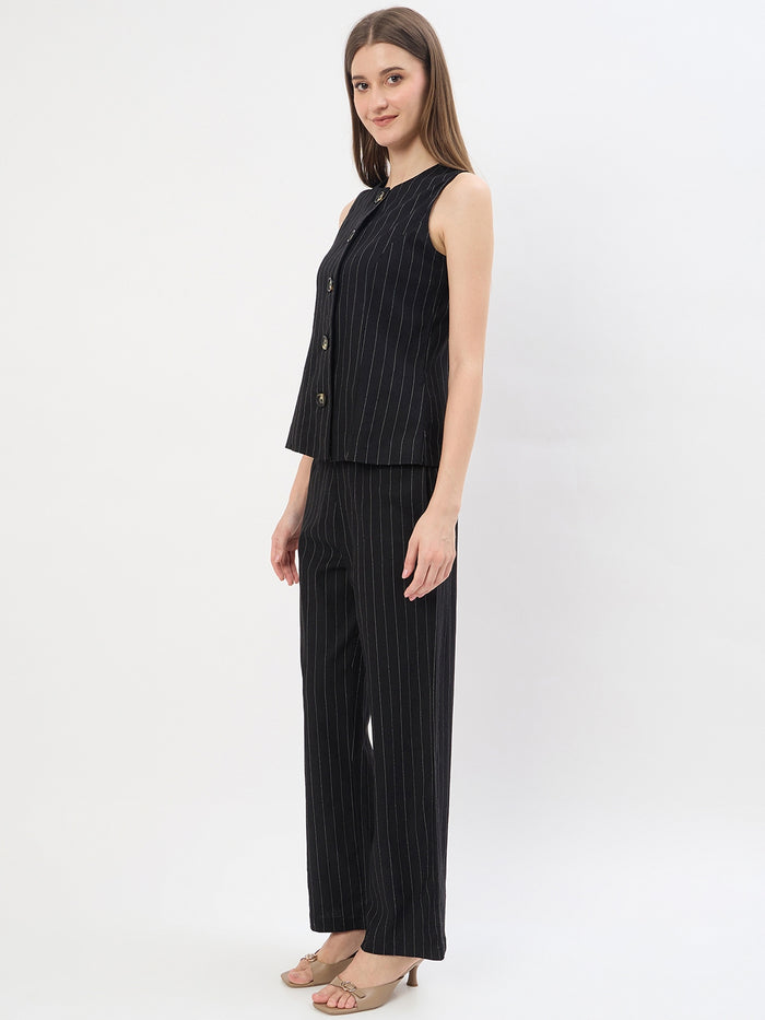 Madame Black Rayon Blend Striped Formal Co-ord Set