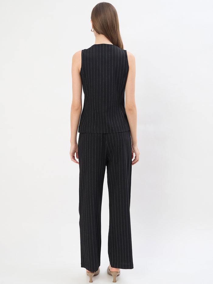 Madame Black Rayon Blend Striped Formal Co-ord Set