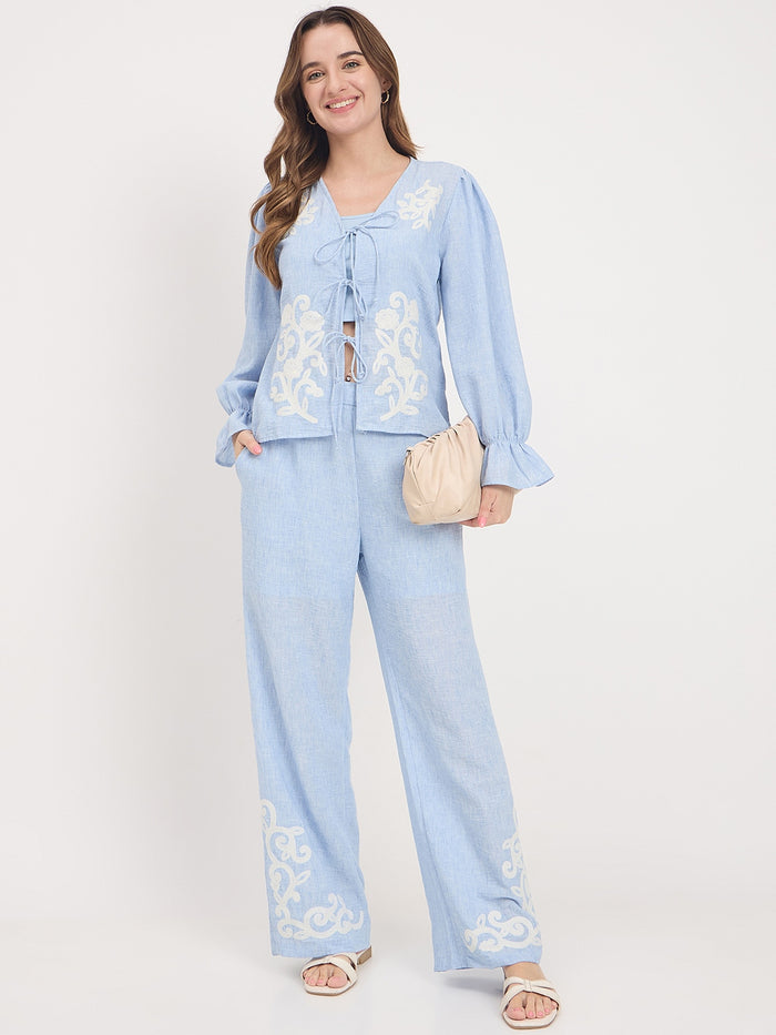 Madame Blue Embroidered Frill Co-ord Set