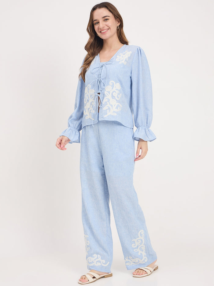 Madame Blue Embroidered Frill Co-ord Set