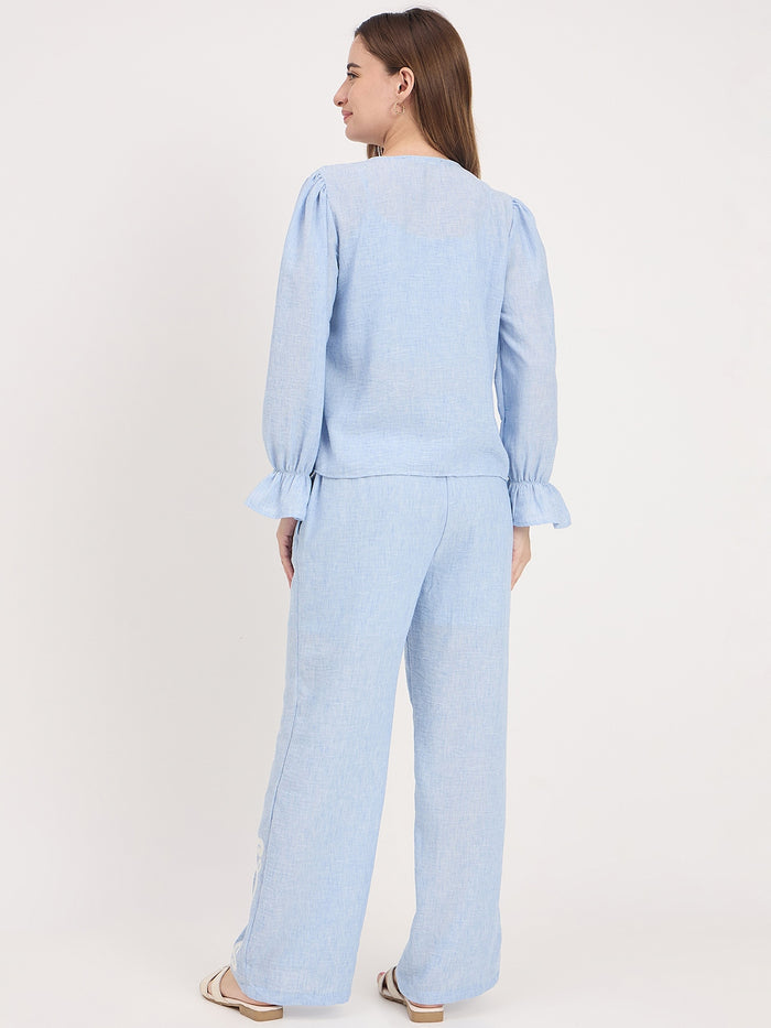 Madame Blue Embroidered Frill Co-ord Set
