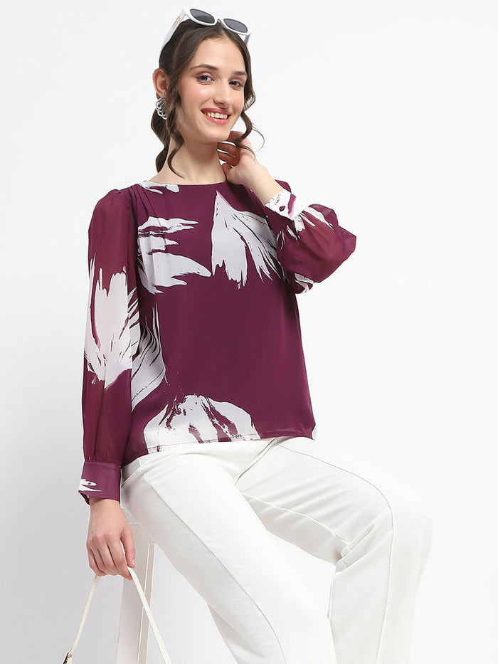 Madame Botanical Print Round Neck Plum Top