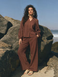 Madame Brown Cotton Rayon V-Neck Bishop Sleeve Co-ord Set