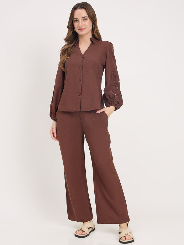 Madame Brown Cotton Rayon V-Neck Bishop Sleeve Co-ord Set