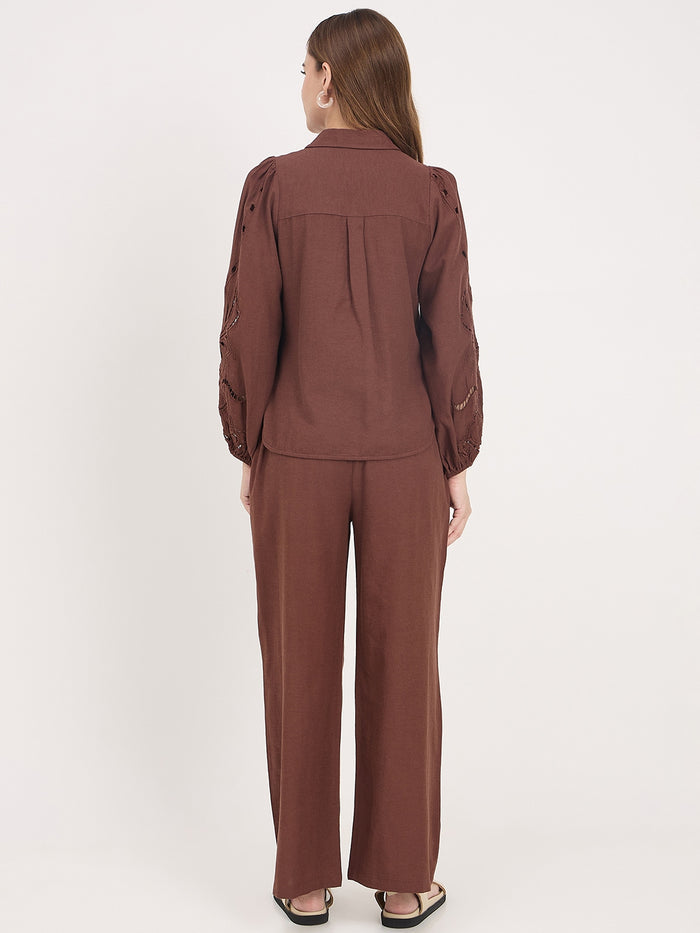 Madame Brown Cotton Rayon V-Neck Bishop Sleeve Co-ord Set