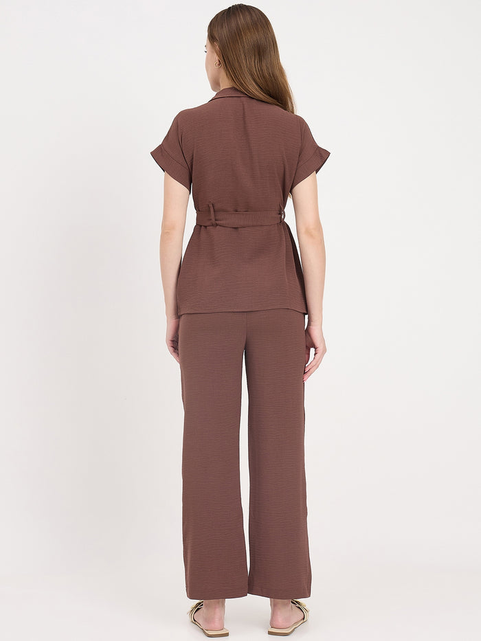 Madame Brown Rayon Roll-Up Sleeve Collared Co-ord Set