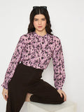 Madame Button Detailed Printed Mauve Chambray Top