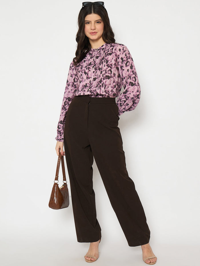 Madame Button Detailed Printed Mauve Chambray Top