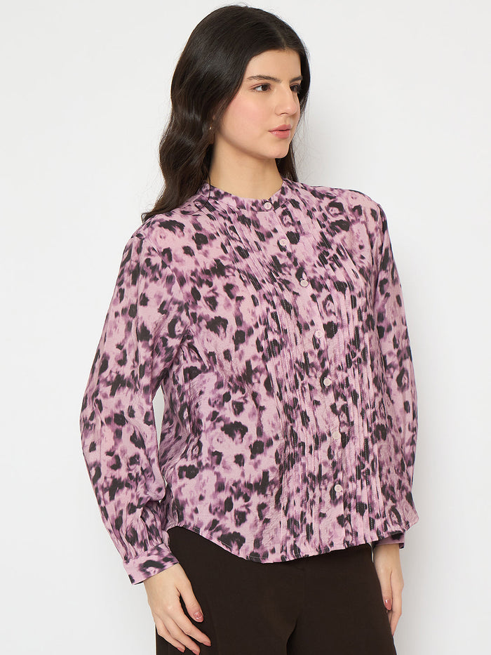 Madame Button Detailed Printed Mauve Chambray Top