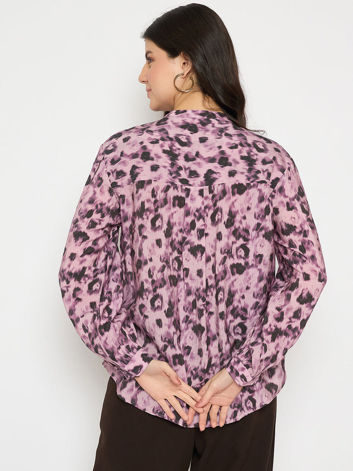 Madame Button Detailed Printed Mauve Chambray Top