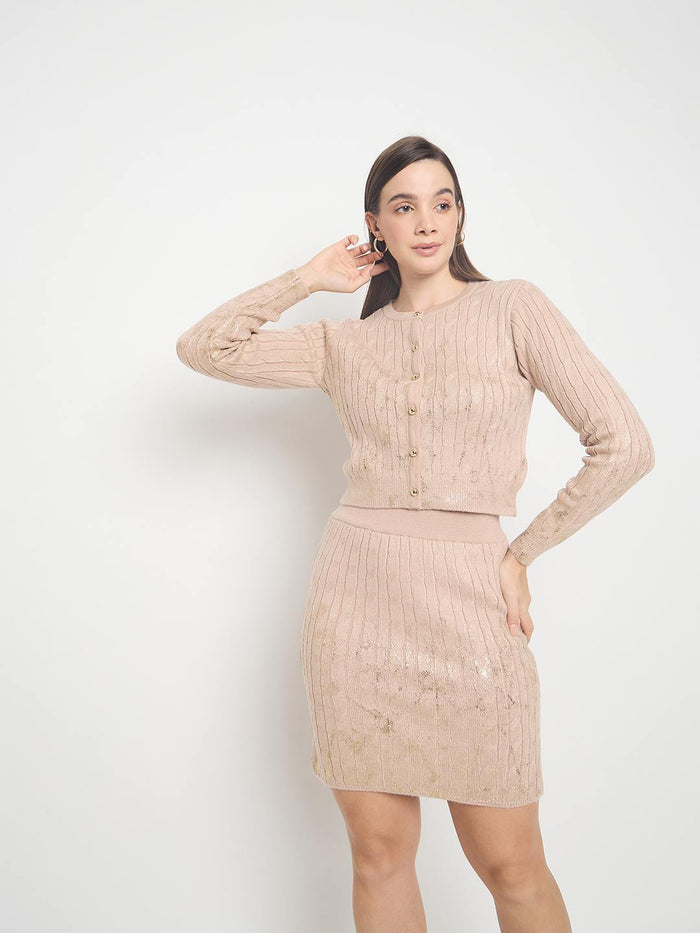 Madame Buttoned Top and Mini Skirt Peach Co-ord Set