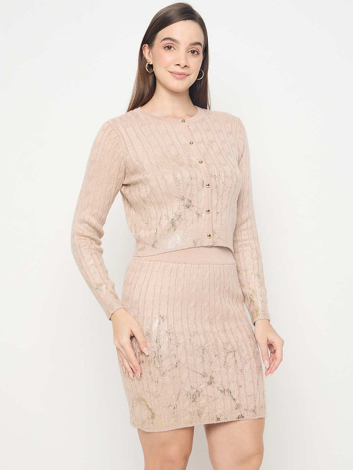 Madame Buttoned Top and Mini Skirt Peach Co-ord Set