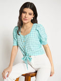 Madame Chequered Knotted Front Mint Green Crop Top