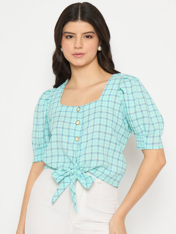 Madame Chequered Knotted Front Mint Green Crop Top
