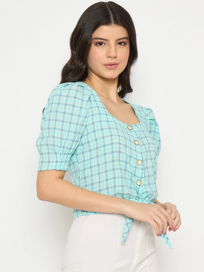 Madame Chequered Knotted Front Mint Green Crop Top