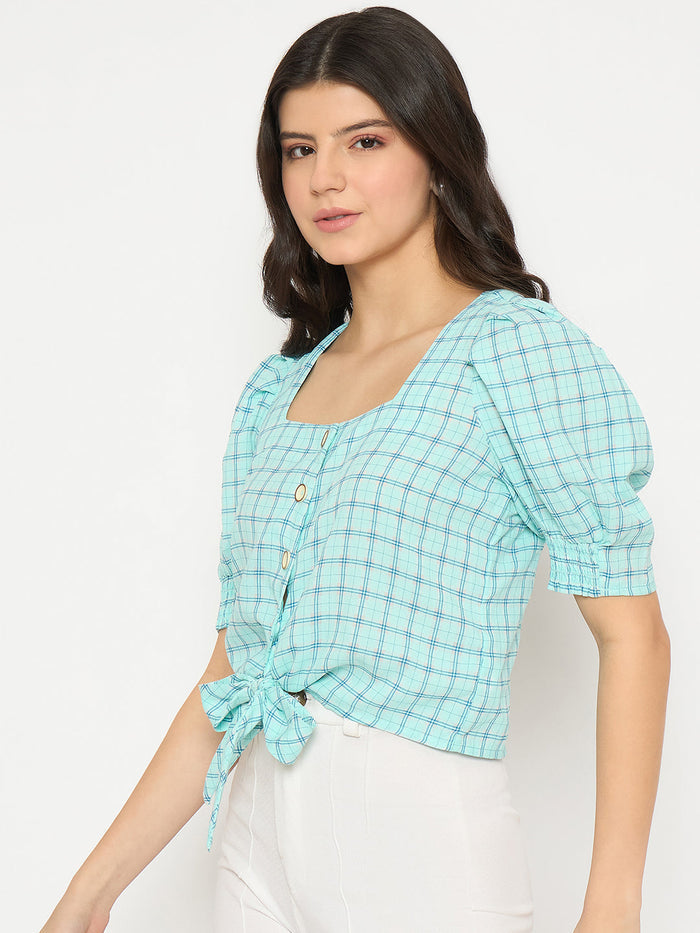 Madame Chequered Knotted Front Mint Green Crop Top
