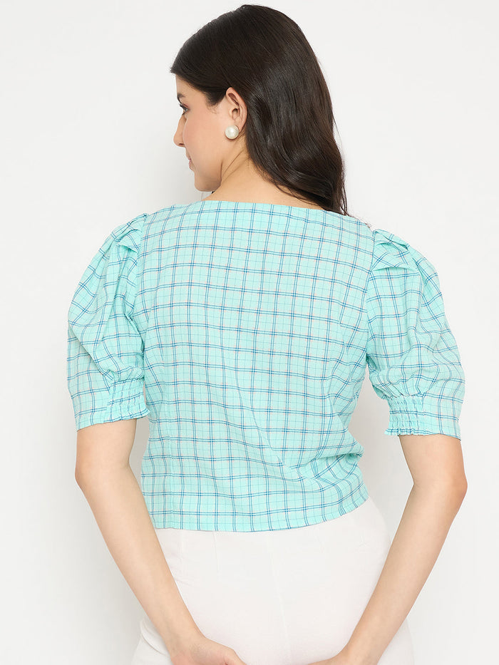 Madame Chequered Knotted Front Mint Green Crop Top