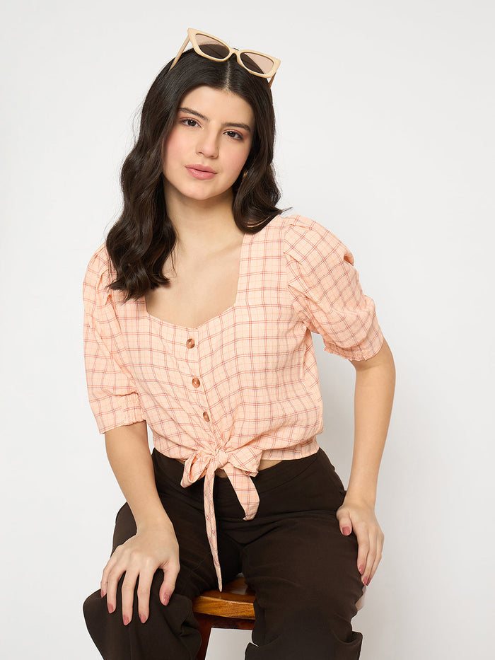 Madame Chequered Knotted Front Pink Crop Top