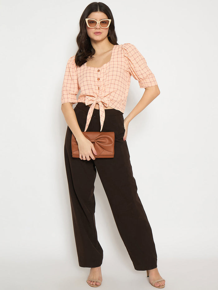 Madame Chequered Knotted Front Pink Crop Top