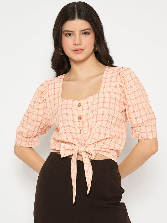 Madame Chequered Knotted Front Pink Crop Top