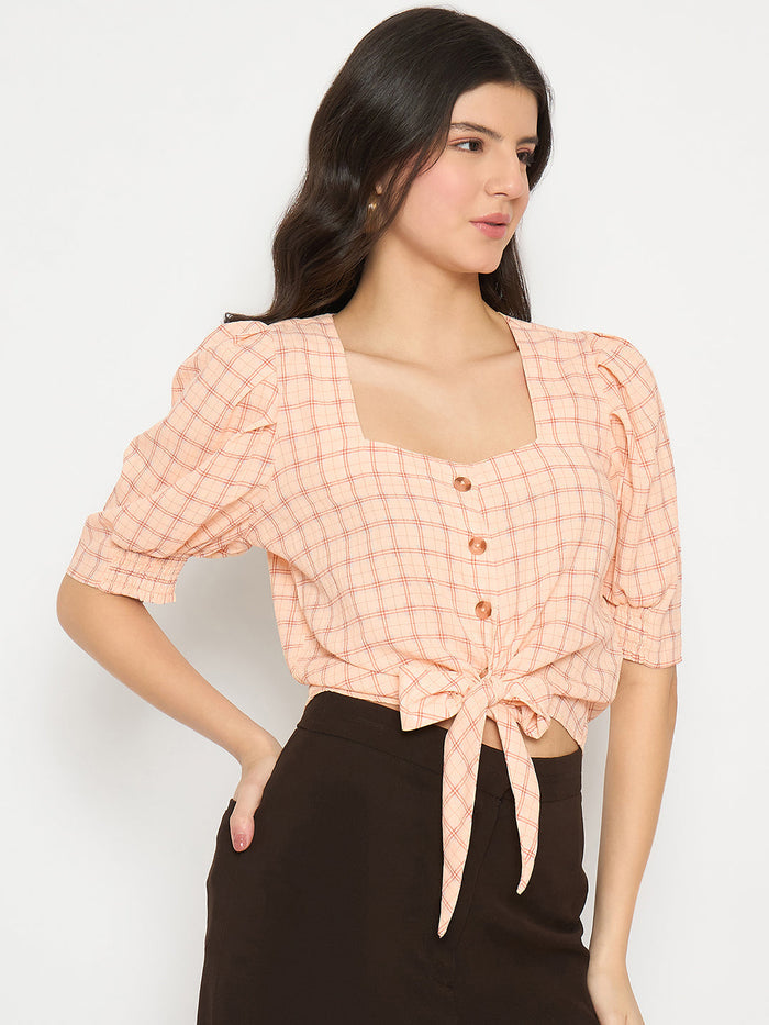 Madame Chequered Knotted Front Pink Crop Top