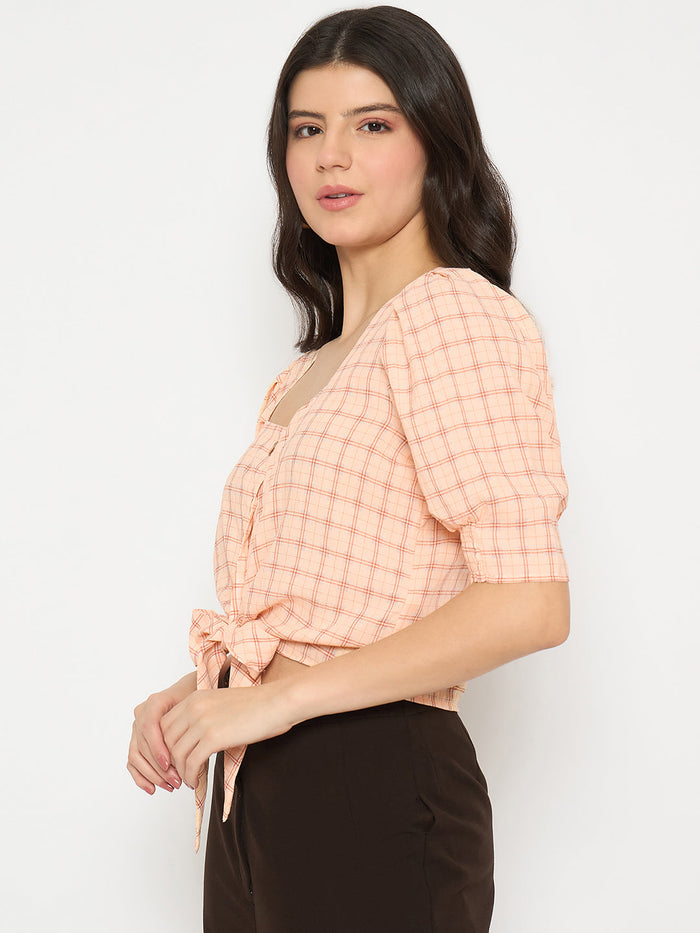 Madame Chequered Knotted Front Pink Crop Top