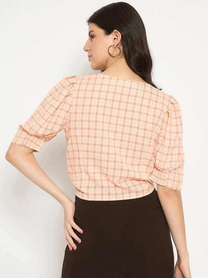 Madame Chequered Knotted Front Pink Crop Top