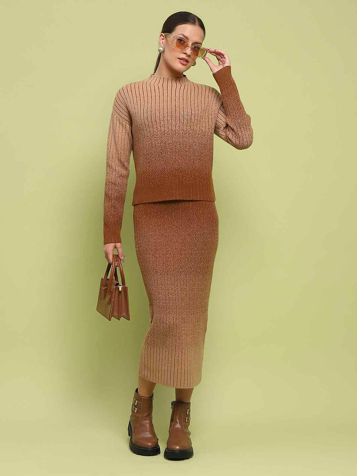Madame Color Gradient Camel Top and Skirt Ensemble