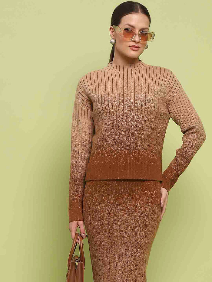 Madame Color Gradient Camel Top and Skirt Ensemble