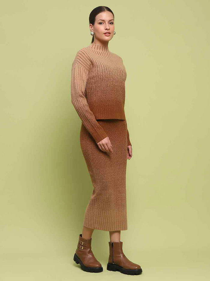 Madame Color Gradient Camel Top and Skirt Ensemble