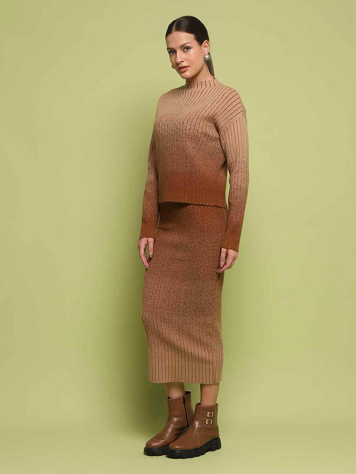 Madame Color Gradient Camel Top and Skirt Ensemble