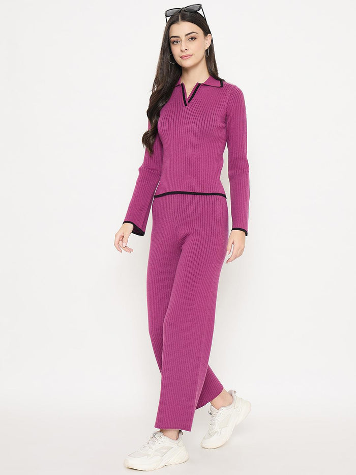 Madame Contrast Trim Top and Solid Bottoms Purple Knitted Co-ord Set