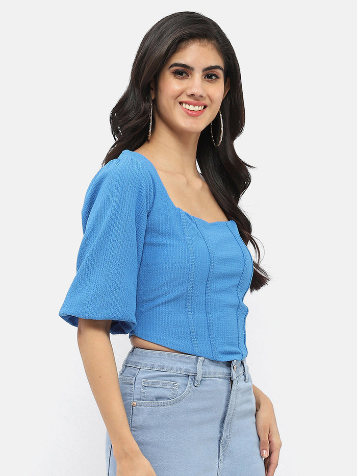 Madame Corset Inspired Royal Blue Puff Sleeve Top