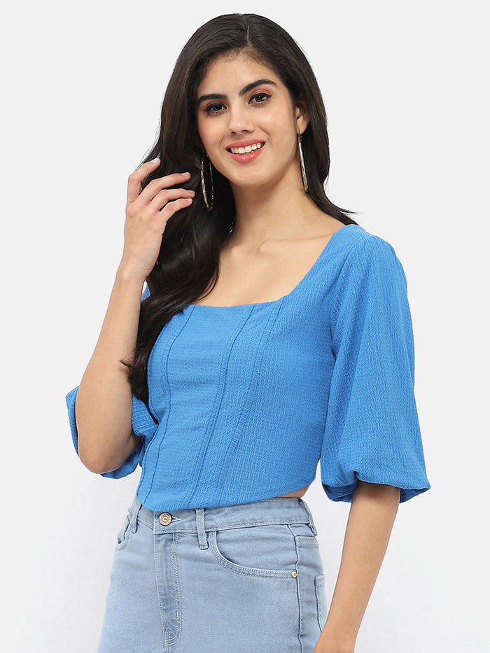 Madame Corset Inspired Royal Blue Puff Sleeve Top