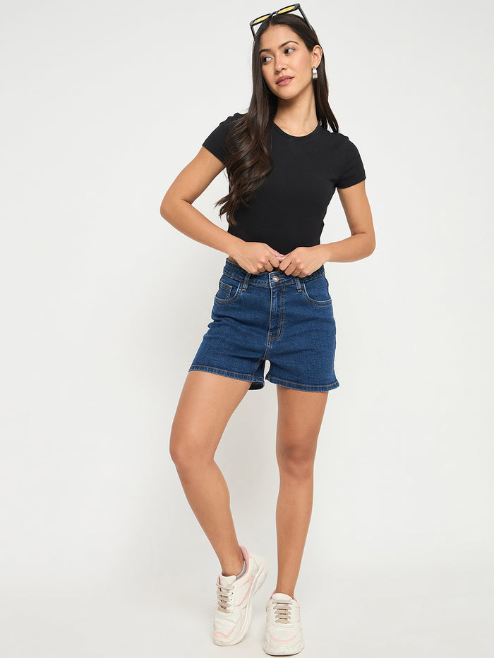 Madame Cotton Blend Solid Mid Blue Denim Shorts