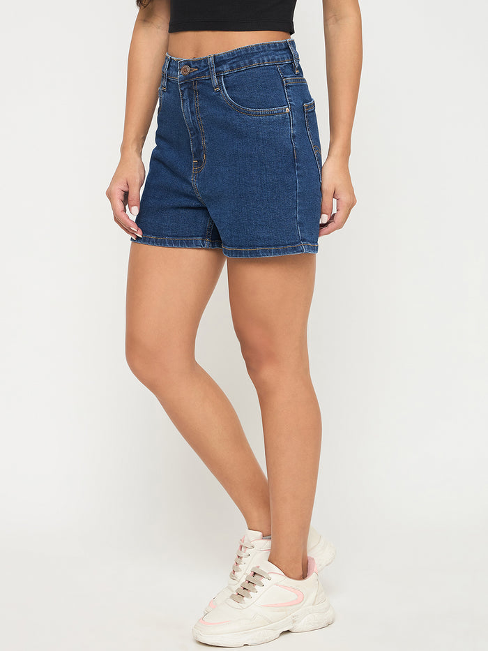 Madame Cotton Blend Solid Mid Blue Denim Shorts