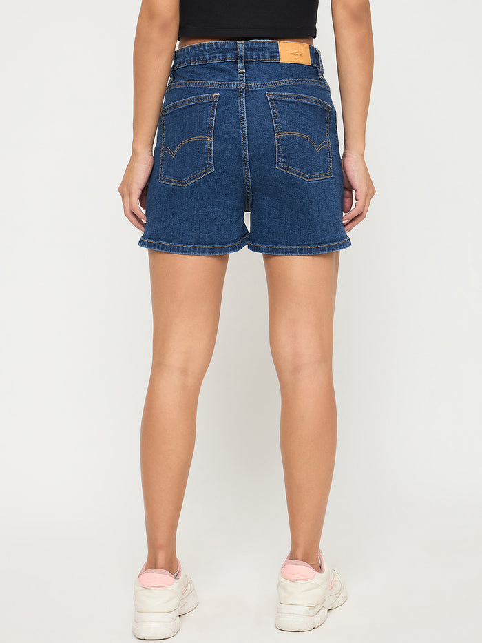 Madame Cotton Blend Solid Mid Blue Denim Shorts