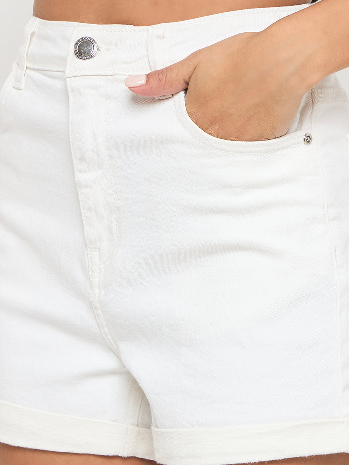Madame Cotton Blend Solid White Denim Shorts