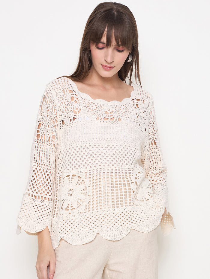 Madame Crochet Bell Sleeve Beige Knit Top