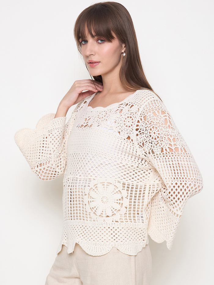 Madame Crochet Bell Sleeve Beige Knit Top