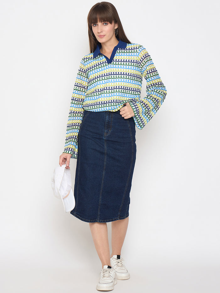 Madame Crochet Contrasting Collar Blue Top