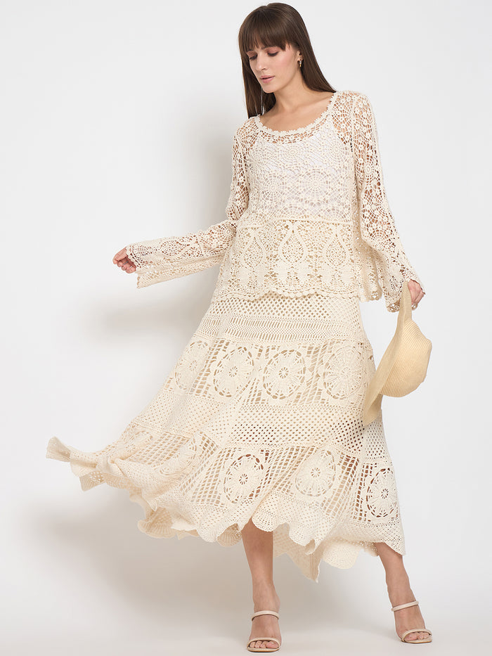 Madame Crochet Round Neck Bell Sleeve Beige Top