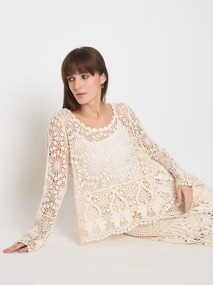 Madame Crochet Round Neck Bell Sleeve Beige Top