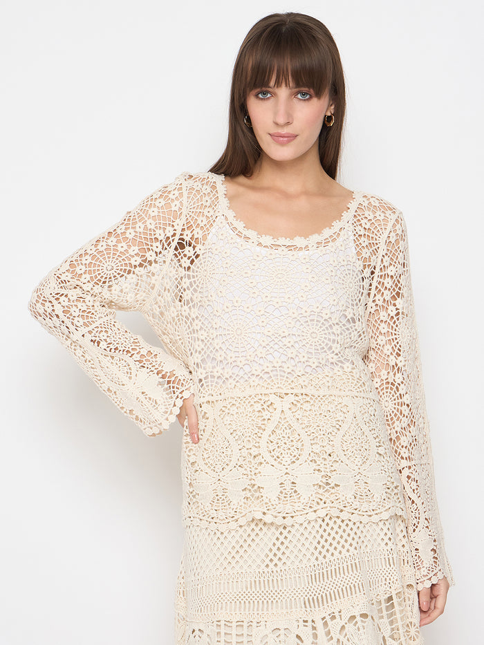 Madame Crochet Round Neck Bell Sleeve Beige Top
