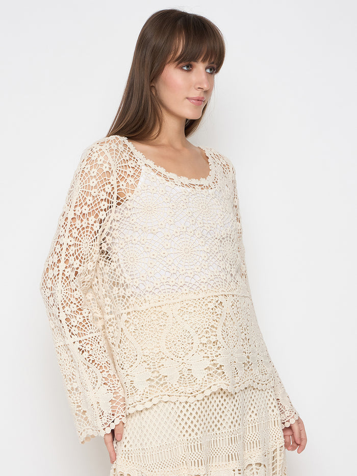 Madame Crochet Round Neck Bell Sleeve Beige Top