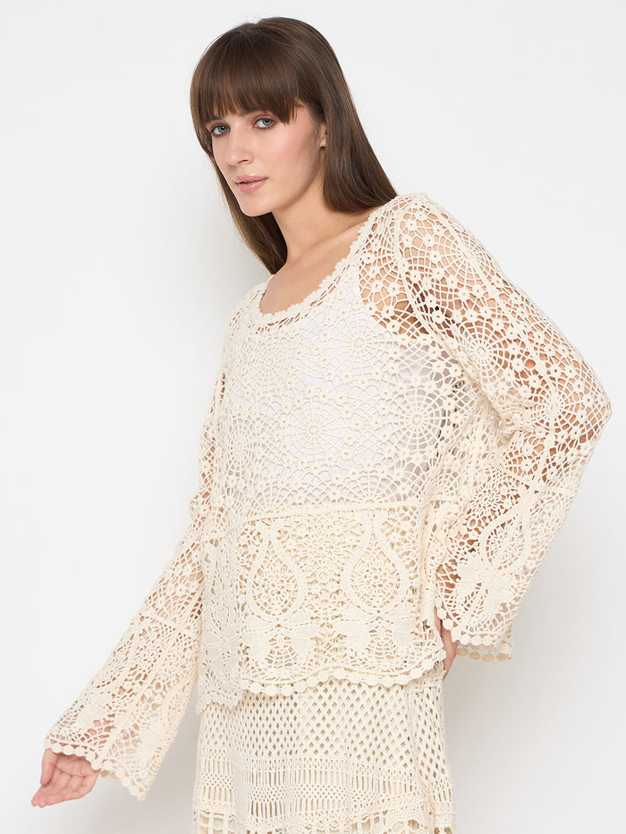 Madame Crochet Round Neck Bell Sleeve Beige Top