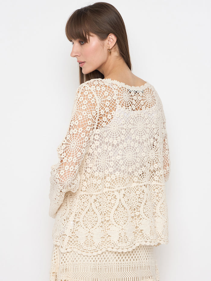 Madame Crochet Round Neck Bell Sleeve Beige Top