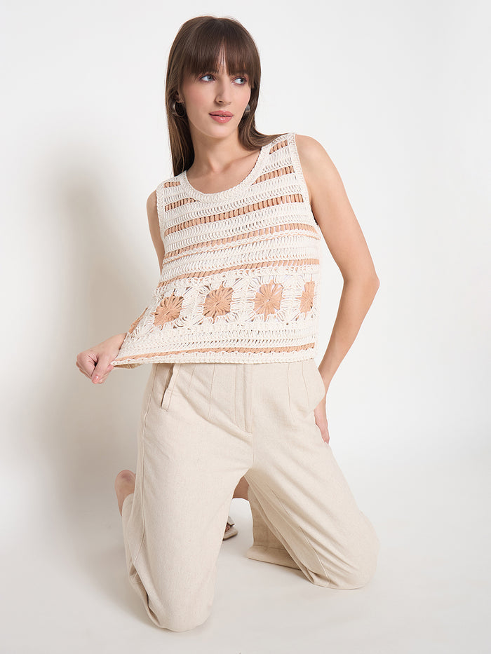 Madame Crochet Sleeveless Solid Beige Cotton Top