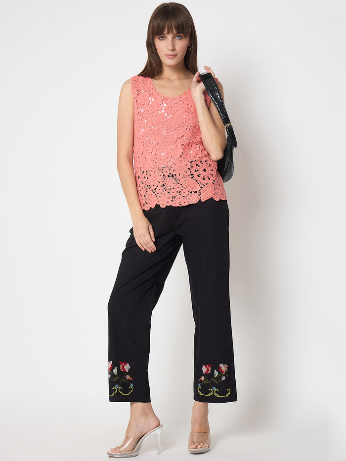 Madame Crochet Sleeveless Solid Coral Top